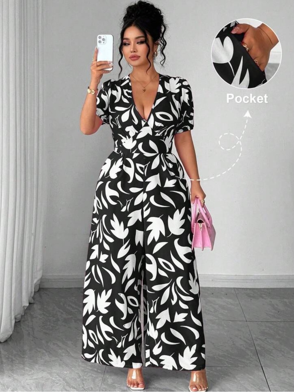 Elenzga Plus Size Women's Strawberry Pink Leaf Print V-Neck Puff Sleeve Romper